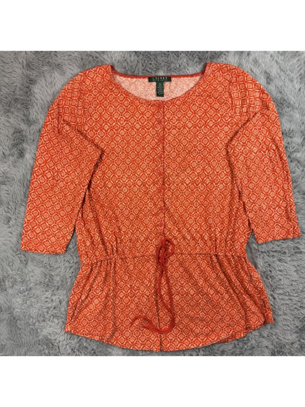 Lauren Ralph Lauren XL Orange Boho Tunic Top Women’s 3/4 Sleeve Drawstring Waist